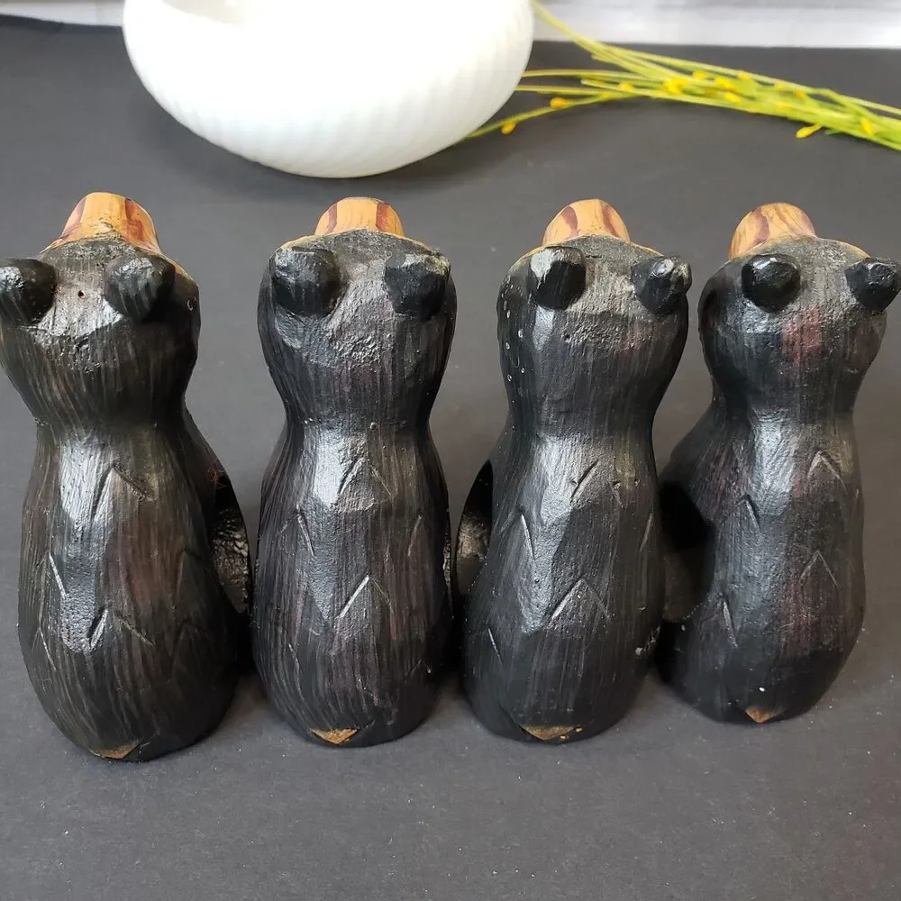 Farmhouse Primitive Hand Carved Wooden Black Bear Napkin Holders Rings Set of 4